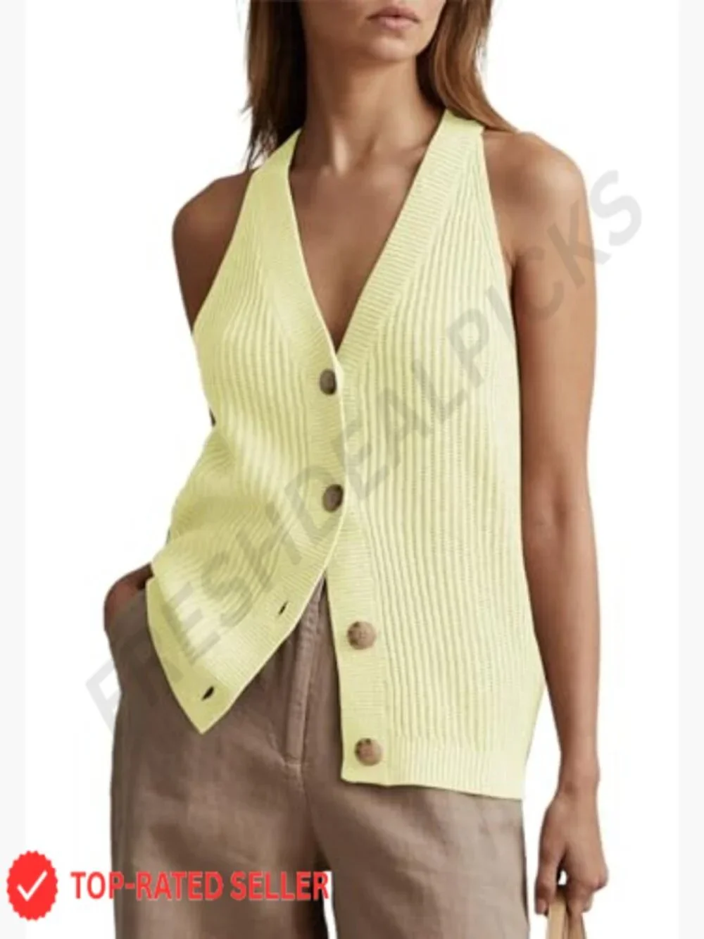 Button-Front Sweater Vest V-Neck Sleeveless Knit Tank Fitted Halter Cardigan - Picture 2 of 7